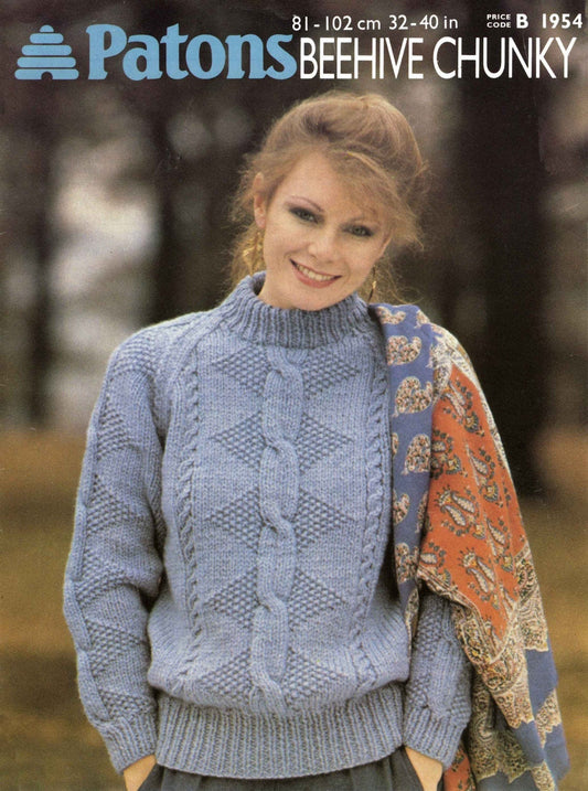 Ladies Sweater / Jumper, 32"-40" Bust, Chunky, 80s Knitting Pattern, Patons 1954
