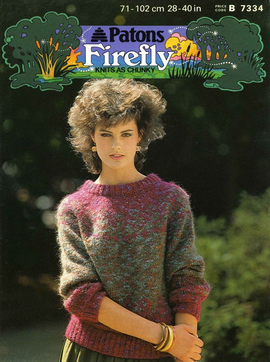 Round Neck Jumper / Sweater, 28"-40" Bust, Chunky, 80s Knitting Pattern, Patons 7334