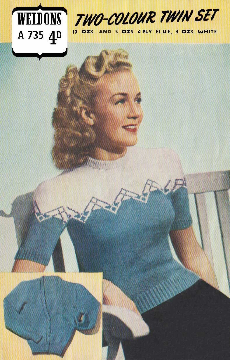 Ladies Two Colour Twin Set, Cardigan & Jumper, 33"-35" Bust, 4ply, 50s Knitting Pattern, Weldons 735