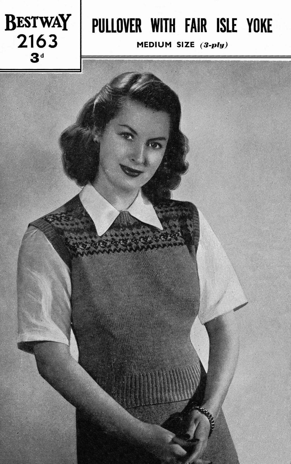 Ladies Pullover with Fair Isle Yoke, 34" Bust, 3ply, 40s Knitting Pattern, Bestway 2136