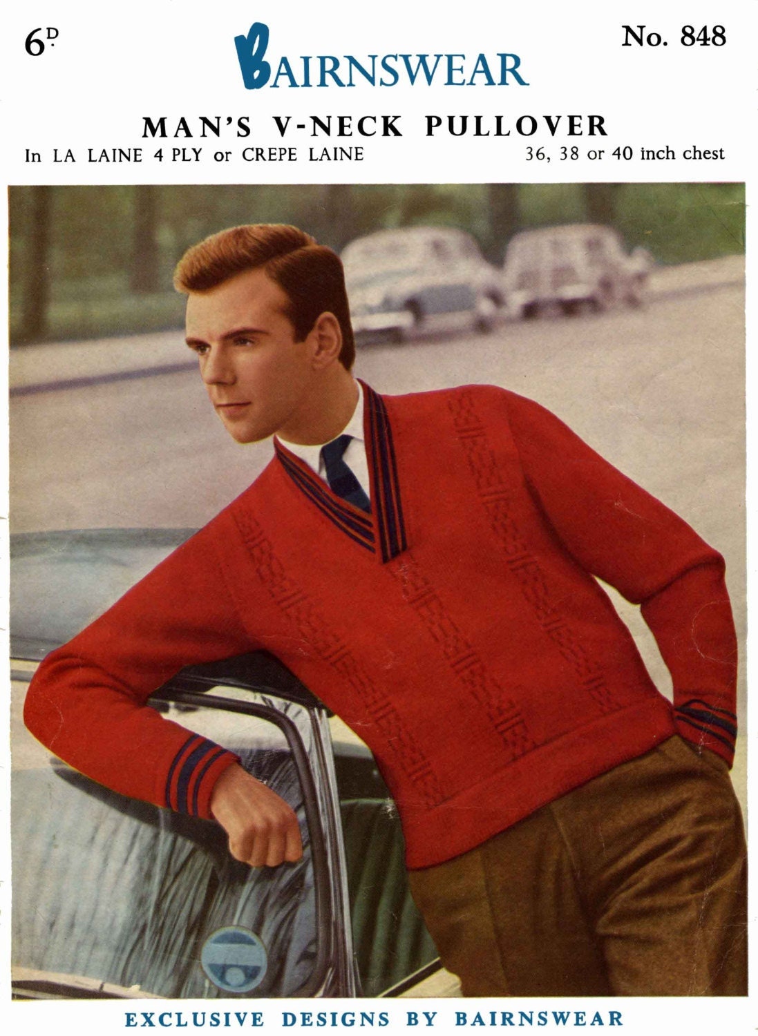Men's V-neck Jumper / Sweater, 36"-40" Chest, 4ply, 50s Knitting Pattern, Bairnswear 848