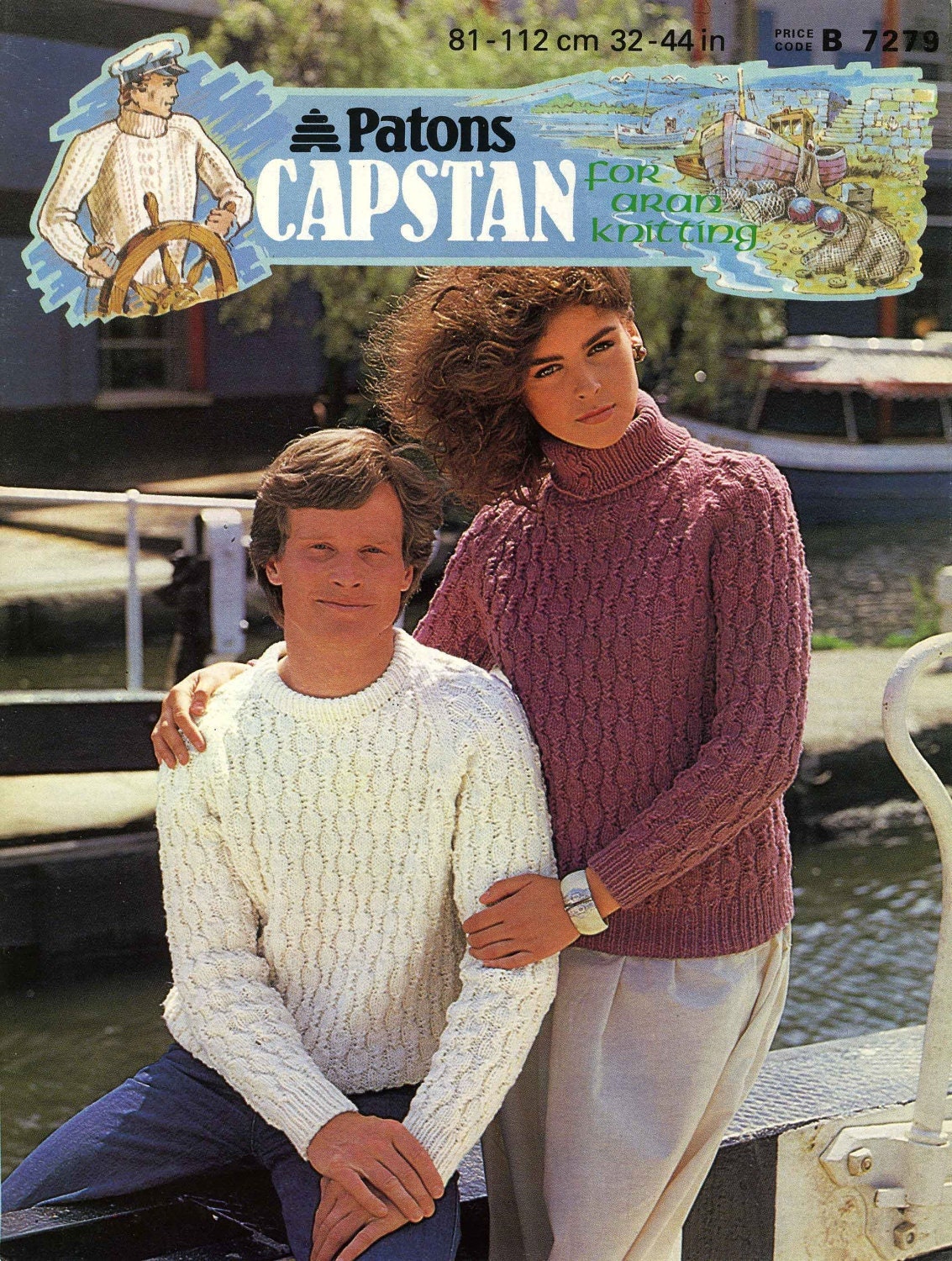 His & Hers Jumper / Sweater, 32"-44" Chest, Aran, 80s Knitting Pattern, Patons 7279