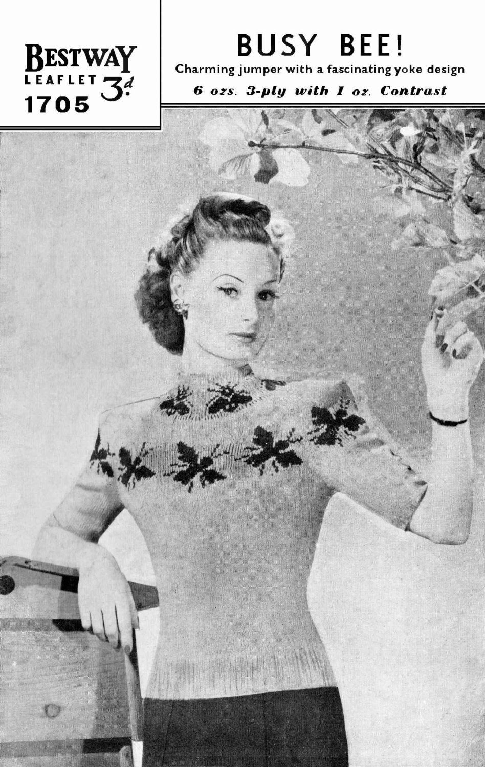 Ladies Short Sleeved Jumper with Busy Bee Motif Yoke, 34" Bust, 3ply, 40s Knitting Pattern, Bestway 1705