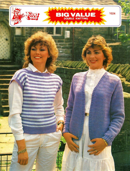 Ladies Sleeveless Sweater / Top and Jacket / Cardigan, 34"38" Bust, DK, 80s Knitting Pattern, King Cole 1024