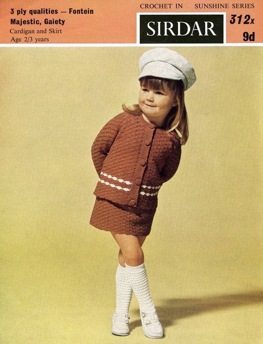 Girls Cardigan and Skirt, 3ply, 2/3 years, 60s Crochet Pattern, Sirdar 312