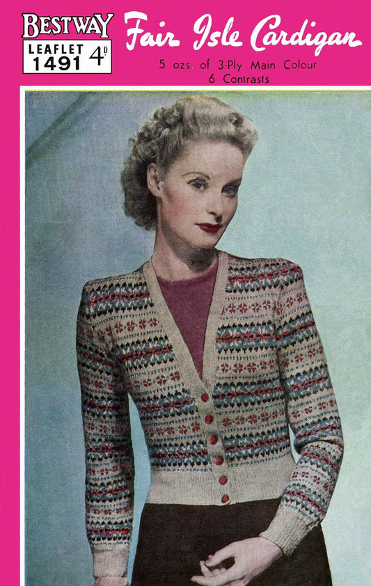 Ladies Fair Isle Cardigan, 36"-38" Bust, 3ply, 40s / 50s Knitting Pattern, Bestway 1491