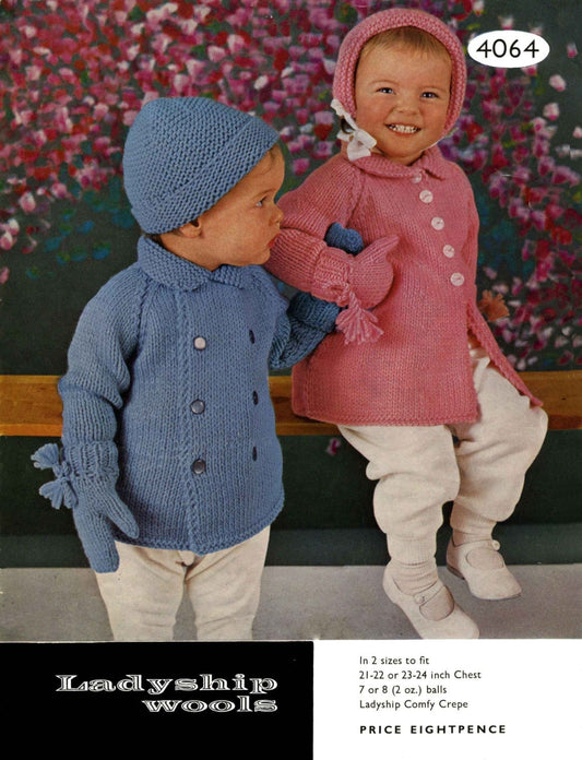 Baby / Toddler, Girls and Boys Coat, Bonnet and Mittens, 21"-24" Chest, DK, 70s Knitting Pattern, Ladyship 4064