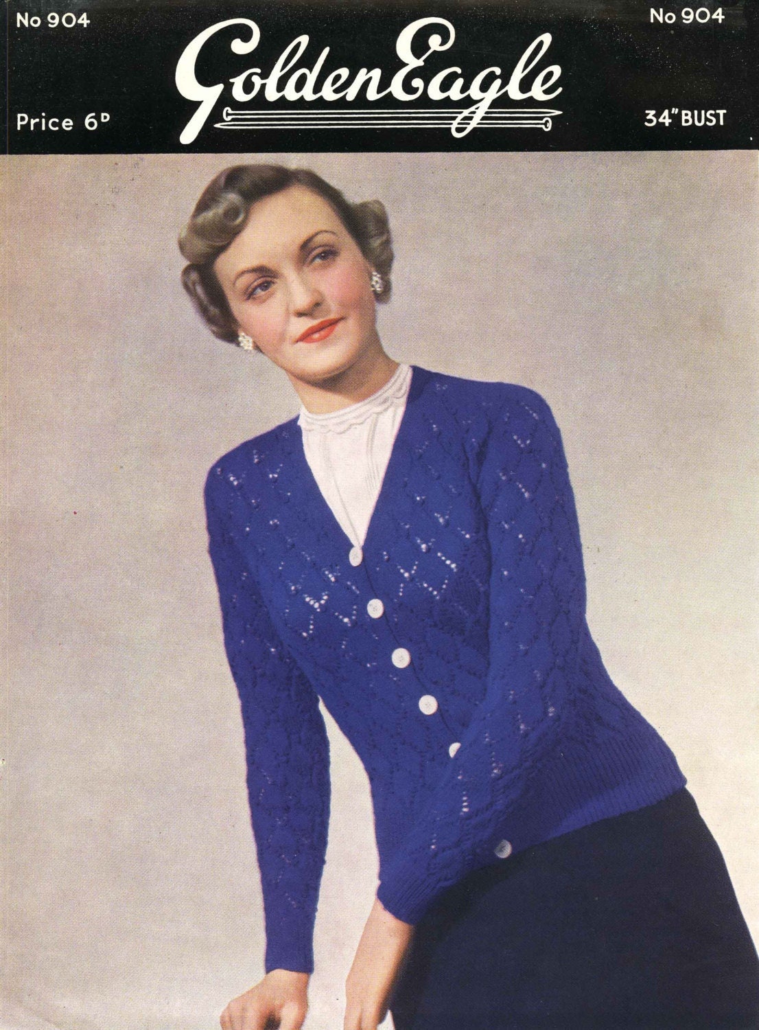 Ladies Cardigan, 35" Bust, 3ply, 50s Knitting Pattern, Golden Eagle 904