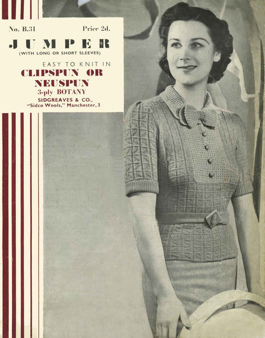 Ladies Jumper, 33" Bust, 3ply, 30s Knitting Pattern, Sidgreaves 31