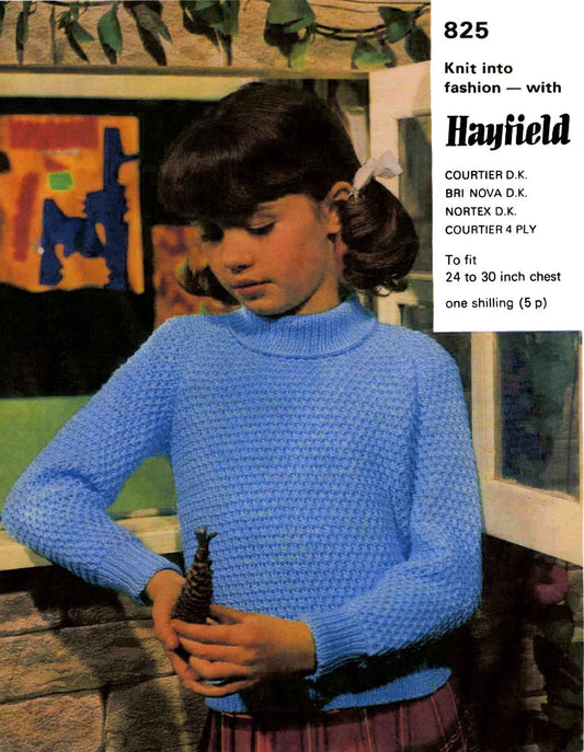 Girls Sweater / Jumper, 24"-30" Chest, DK, 70s Knitting Pattern, Hayfield 825