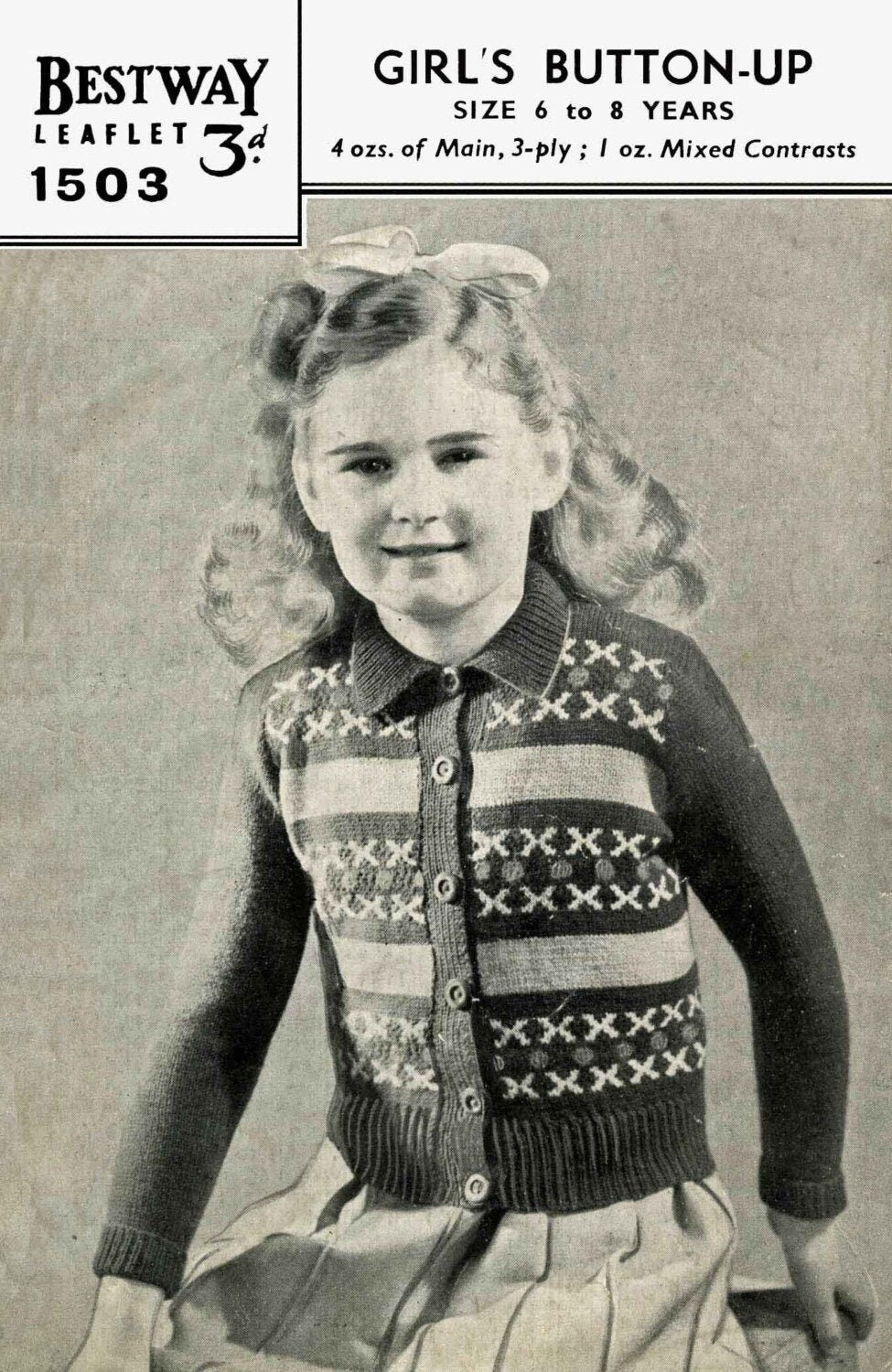 Girls Fair Isle Cardigan, 6-8 years, 29" Chest, 3ply, 40s Knitting Pattern, Bestway 1503
