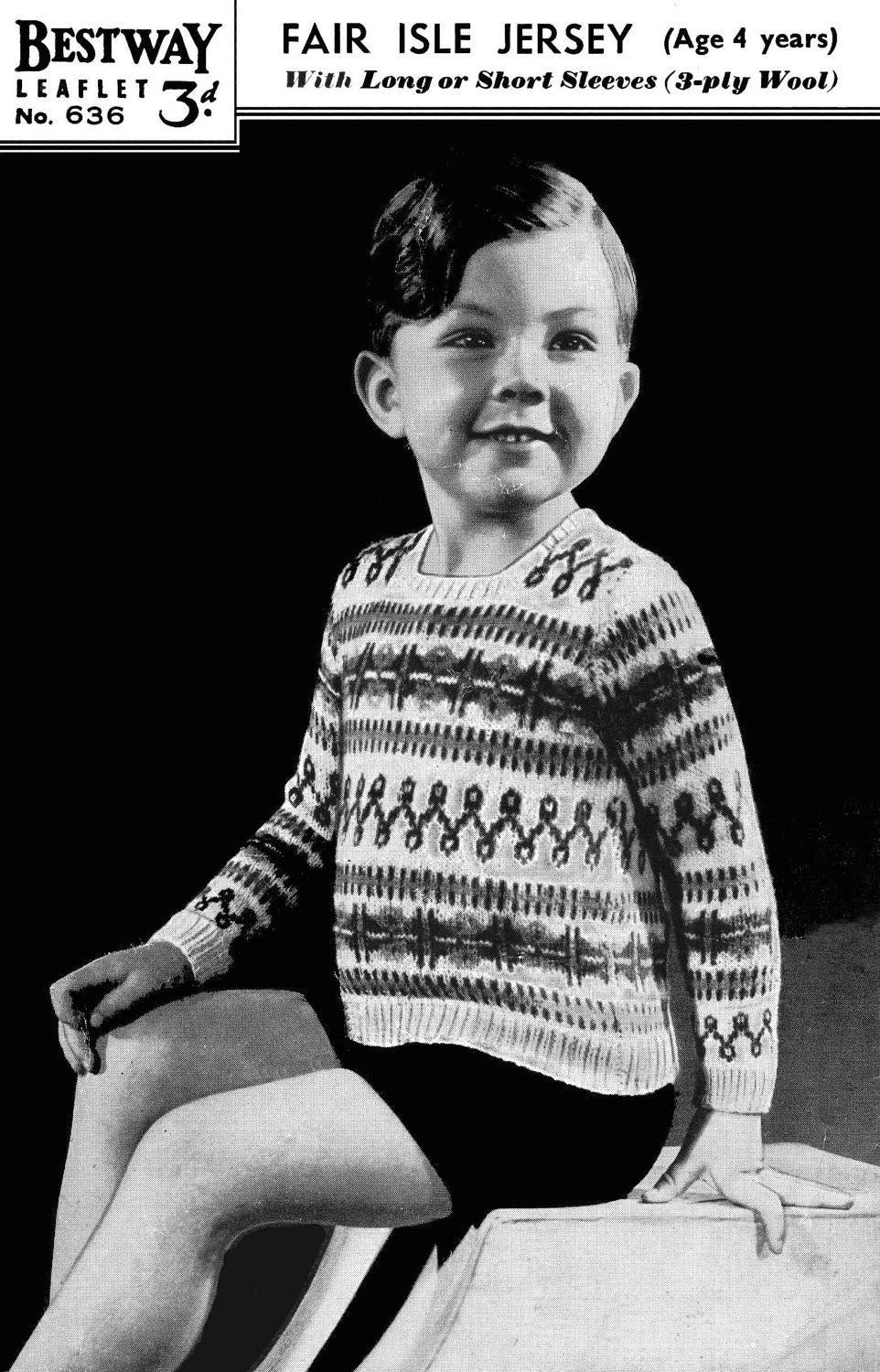 Fair Isle Jumper, Boy & Girl, Long and Short Sleeves, 4 years, 24" Chest, 3ply, 40s Knitting Pattern, Bestway 636