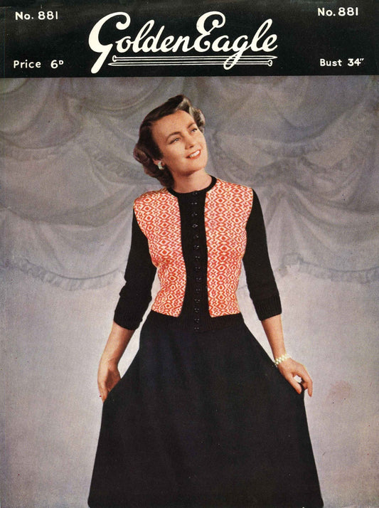 Ladies Cardigan and Skirt, Bust 34", Waist 26", 3ply, 50s Knitting Pattern, Golden Eagle 881