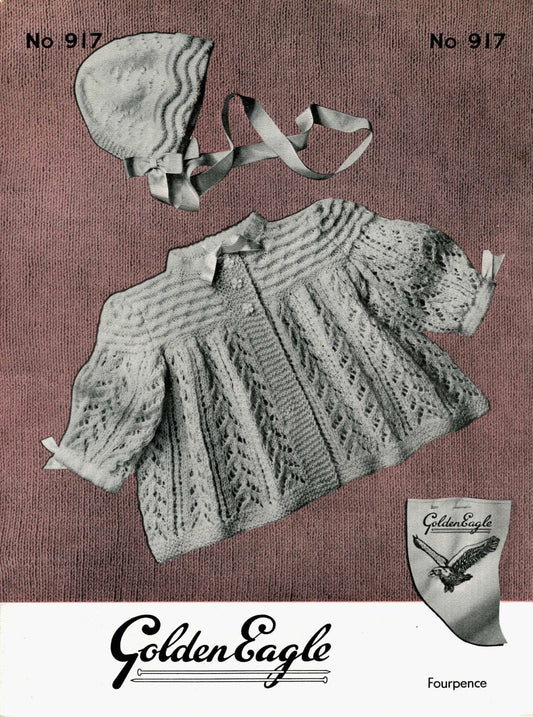 Baby's Matinee Coat and Bonnet, 3ply, 50s Knitting Pattern, Golden Eagle 917