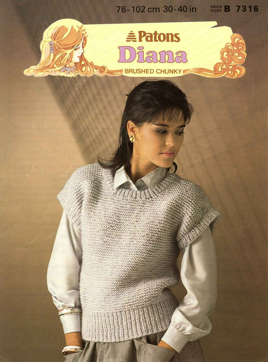 Ladies Scoop Neck with Cap Sleeves Jumper, 30"-40" (76-102cm) Bust, Chunky, 80s Knitting Pattern, Patons 7316