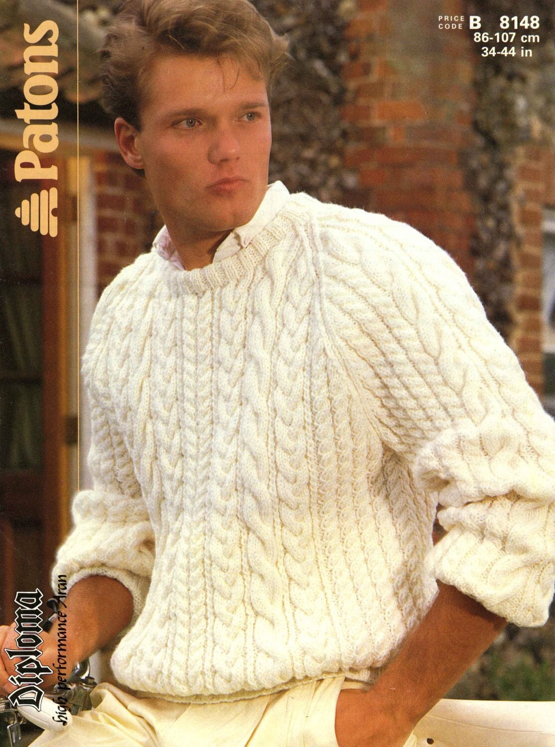 Men's Cable Sweater, 34"-44" Chest, Aran, 80s Knitting Pattern, Patons 8148