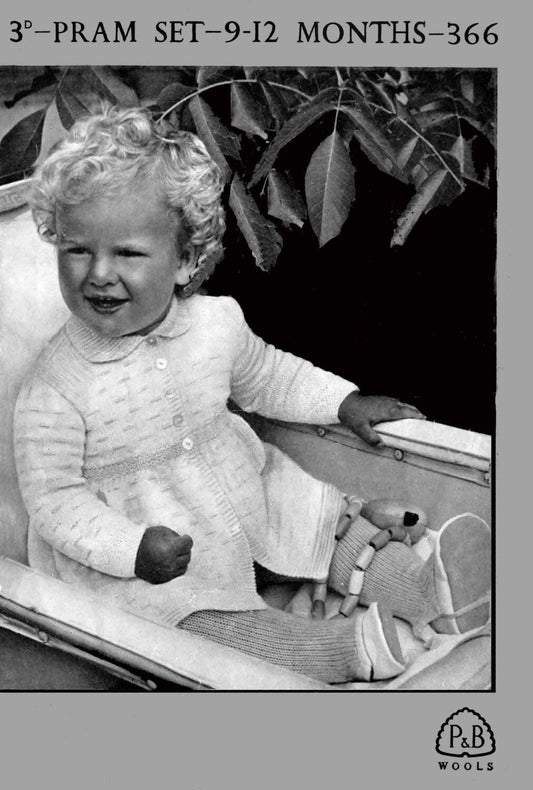 Baby / Babies Pram Set - Cardigan and Breeches, 9-12 months, 3ply, 50s Knitting Pattern, P&B 366