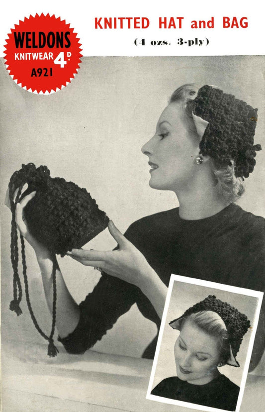 Ladies 50s Knitting Pattern Dutch Bonnet and Dorothy Bag & Crochet Pattern Dutch Bonnet and Dorothy Bag, Weldons 921