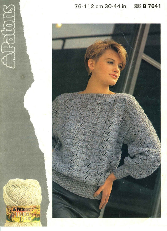Ladies Slash Neck Sloppy Sweater / Jumper, 30"-44" Bust, DK, 80s Knitting Pattern, Patons 7641