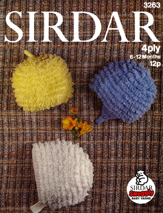 Childrens Bonnet, Helmet and Cap, 6-12 months, 4ply, 70s Knitting Pattern, Sirdar 3263