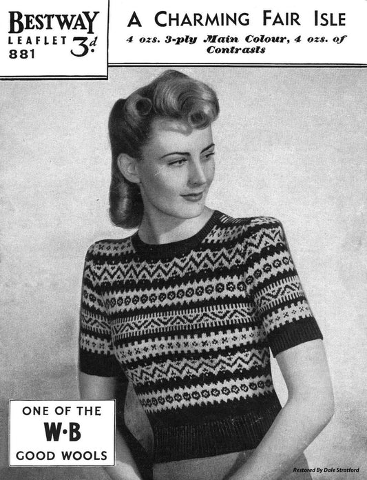 Ladies Fair Isle Jumper, 34" Bust, 3ply, 40s Knitting Pattern, Bestway 881