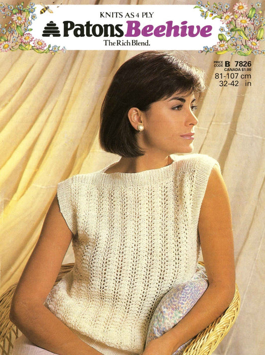 Ladies Top, 32"-42" Bust, 4ply, 80s Knitting Pattern, Patons 7826
