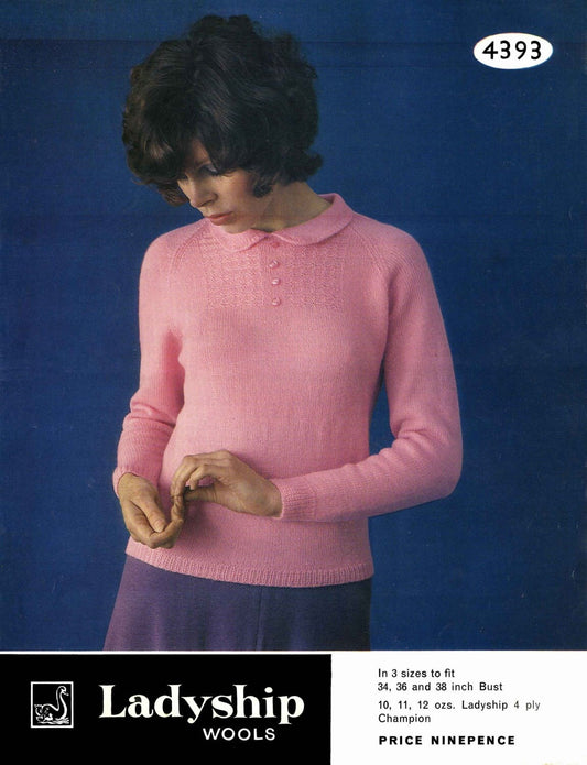 Ladies Sweater / Jumper, 34", 36", 38" Bust, 4ply, 70s Knitting Pattern, Ladyship 4393
