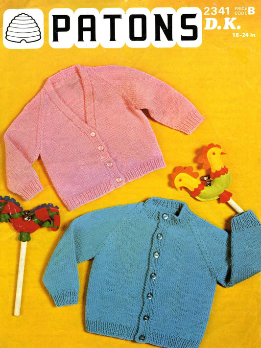 Boy or Girl Cardigan, in 2 Styles V-Neck and Round Neck, 18"-24" Chest, DK, 80s Knitting Pattern, Patons 2341