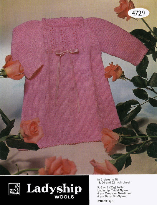 Baby Dress, 18", 20", 22" Chest, 4ply, 70s Knitting Pattern, Ladyship 4729