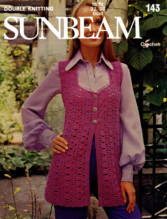 Ladies Sleeveless Cardigan, 32"-38" Bust, DK, 70s Crochet Pattern, Sunbeam 143