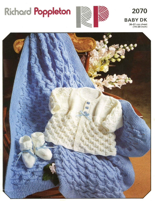 Baby Shawl, Matinee Coat / Cardigan, and Bootees, 14"-20" Chest, DK, 80s Knitting Pattern, Richard Poppleton 2070