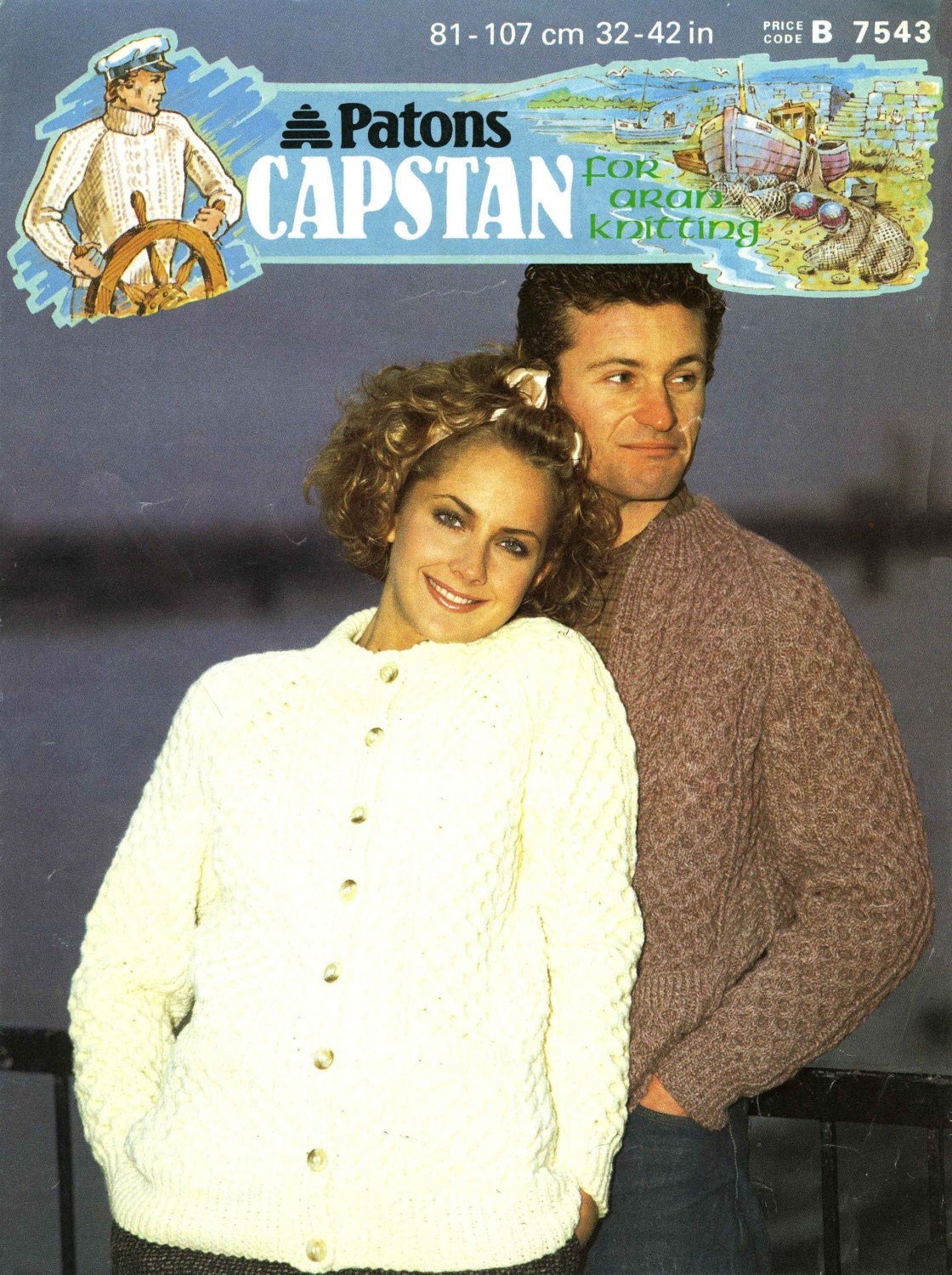 His and Hers Aran Jackets / Cardigan, 32"-42" Chest, 80s Knitting Pattern, Patons 7543