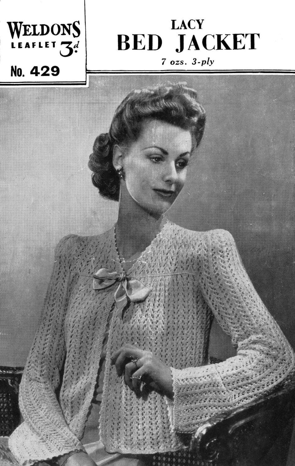 Ladies Lacy Bed Jacket, 32"-36" Bust, 3ply, 40s Knitting Pattern, Weldons 429