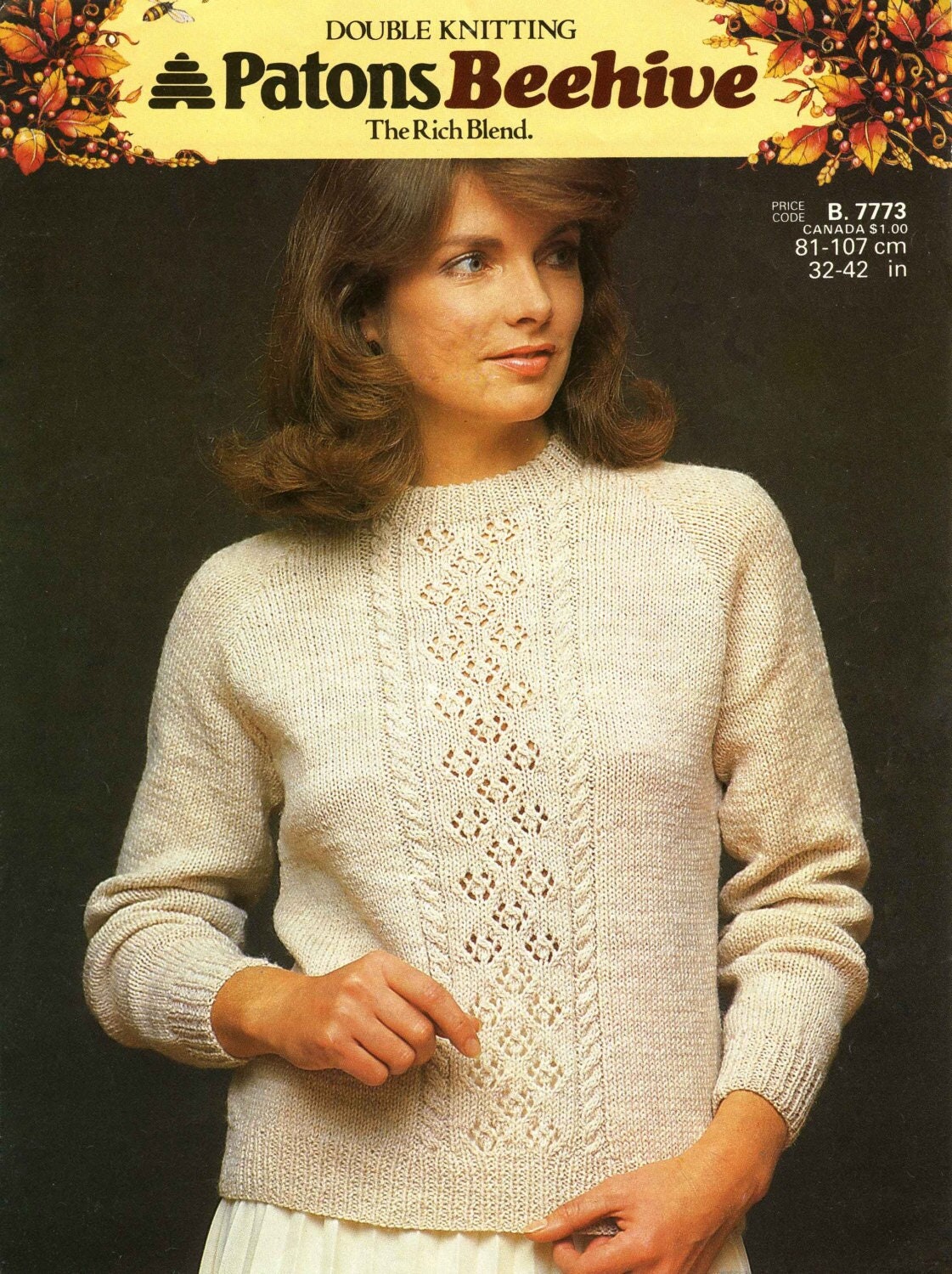 Ladies Panel Patt Sweater / Jumper, 32"-42" Bust, DK, 80s Knitting Pattern, Patons 7773