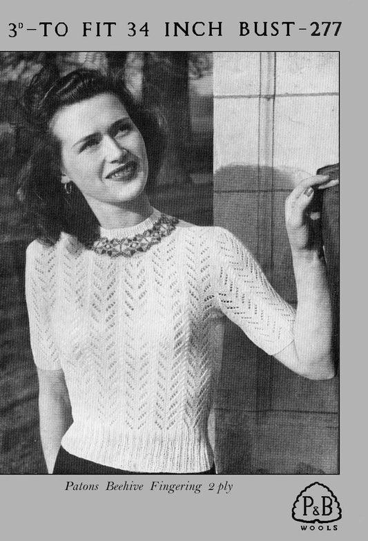 Ladies Jumper with Fair Isle Yoke, 34" Bust, 2ply, 40s Knitting Pattern, P&B 277