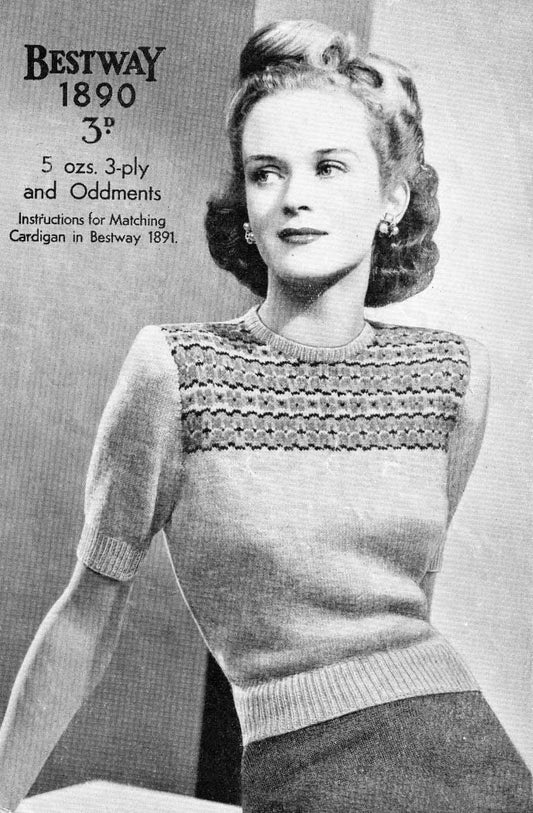 Ladies Jumper with Fair Isle Yoke, 34" Bust, 3ply, 40s Knitting Pattern, Bestway 1890