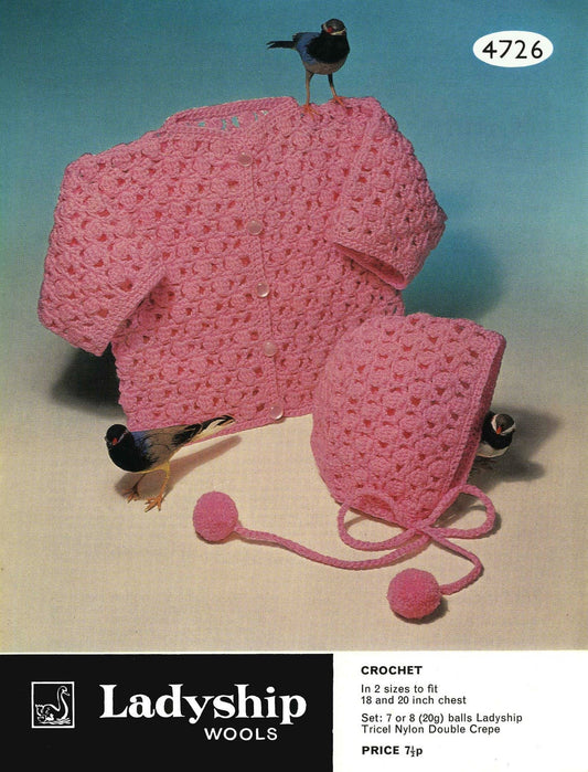 Baby Matinee Coat / Cardigan and Bonnet, 18" & 20" Chest, DK, 70s Crochet Pattern, Ladyship 4726