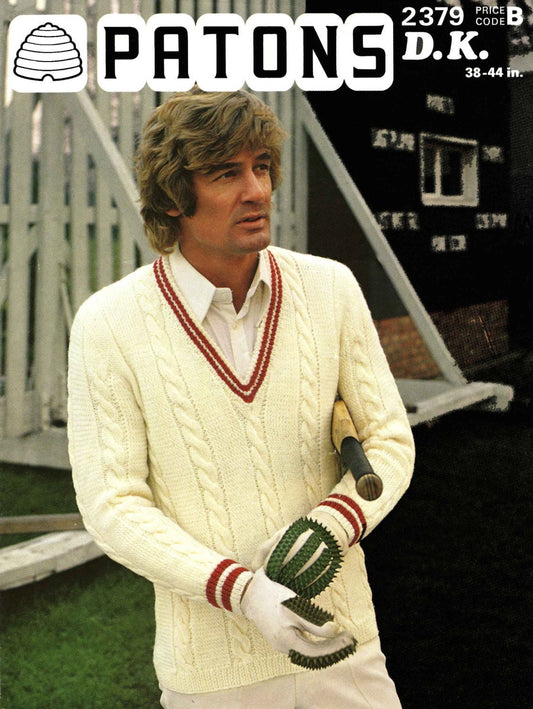 Men's Cricket Jumper, 38"-44" Chest, DK, 80s Knitting Pattern, Patons 2379