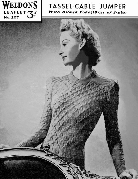Ladies Tassel-Cable Jumper with Ribbed Yoke, 30" Bust, 3ply, 40s Knitting Pattern, Weldons 207
