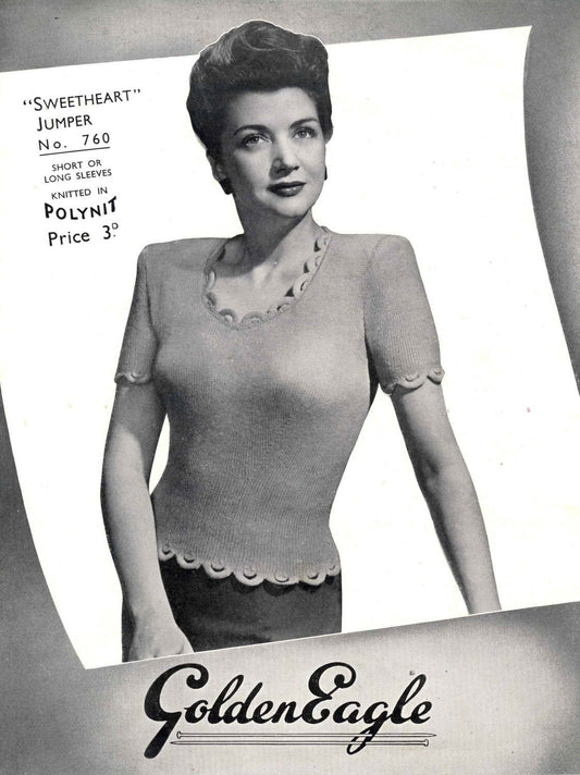 Ladies Sweetheart Jumper, 34"/36" Bust, 3ply, 50s Knitting Pattern, Golden Eagle 760