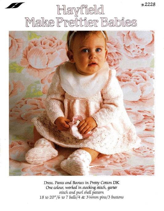 Baby Dress, Pants and Bootees, 18"-20" Chest, DK, 80s Knitting Pattern, Hayfield 2228