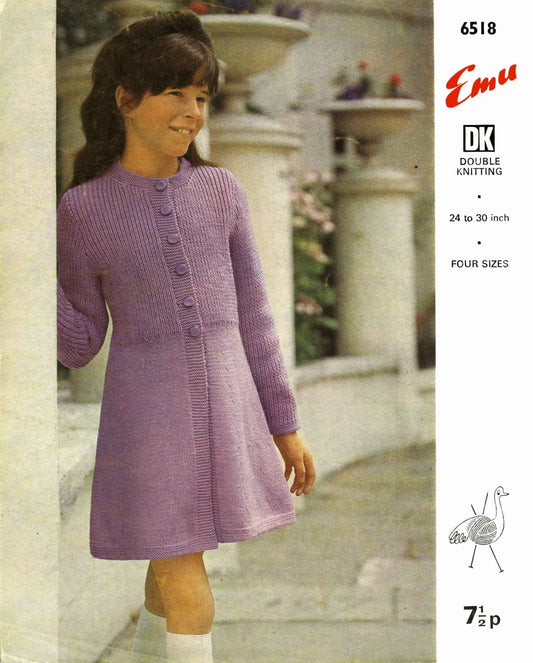 Girl's Coat, 24"-30" Chest, DK, 60s Knitting Pattern, Emu 6518