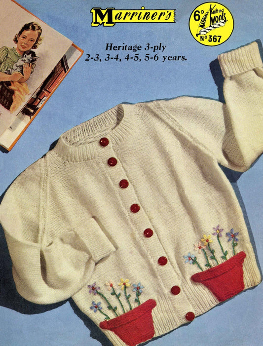 "Flower Pot" Girls Cardigan, 2-6 years, 3ply, 50s Knitting Pattern, Marriner 367