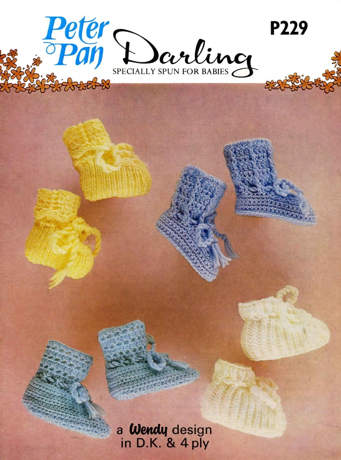 Baby Booties in Four Designs, DK & 4ply, 80s Knitting Pattern and Crochet Pattern, Wendy 229