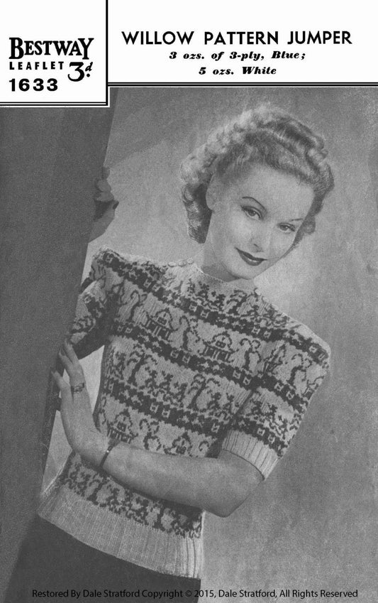 Ladies Willow Pattern Jumper, 34" Bust, 3ply, 40s Knitting Pattern, Bestway 1633