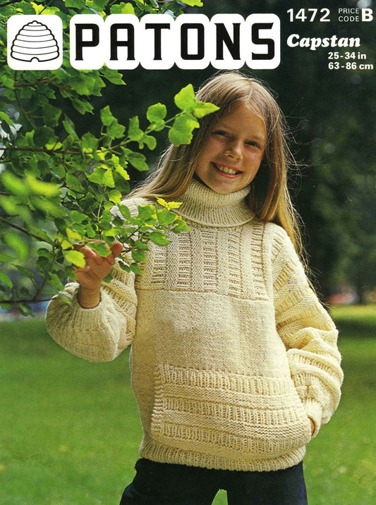 Girls Sweater / Jumper, 25"-24" Chest, Aran, 80s Knitting Pattern, Patons 1472