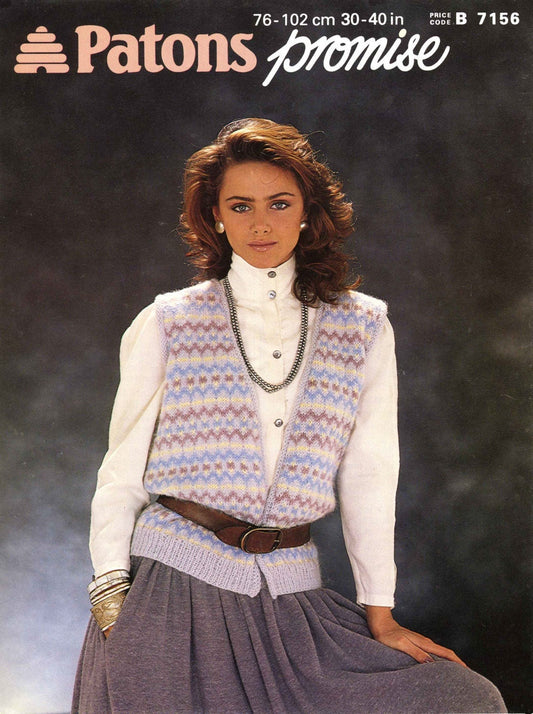 Ladies Fair Isle Waistcoat, 30"-40" Bust, DK, 80s Knitting Pattern, Patons 7156