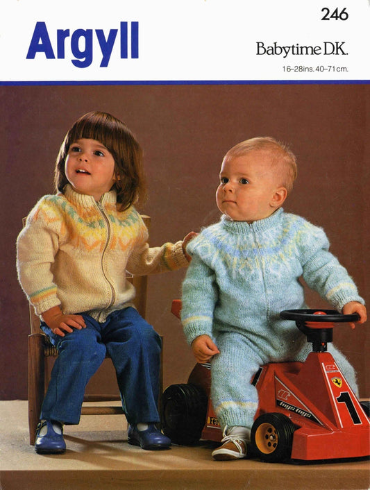 Baby, Toddler & Child's, Fair Isle Onesie and Jacket, 16"-28" Chest, DK, 80s Knitting Pattern, Argyll 246