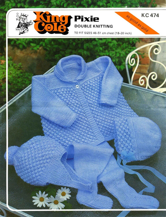 Baby Coat, Bonnet, Helmet and Leggings, 18"-20" Chest, DK, 80s Knitting Pattern, King Cole 474