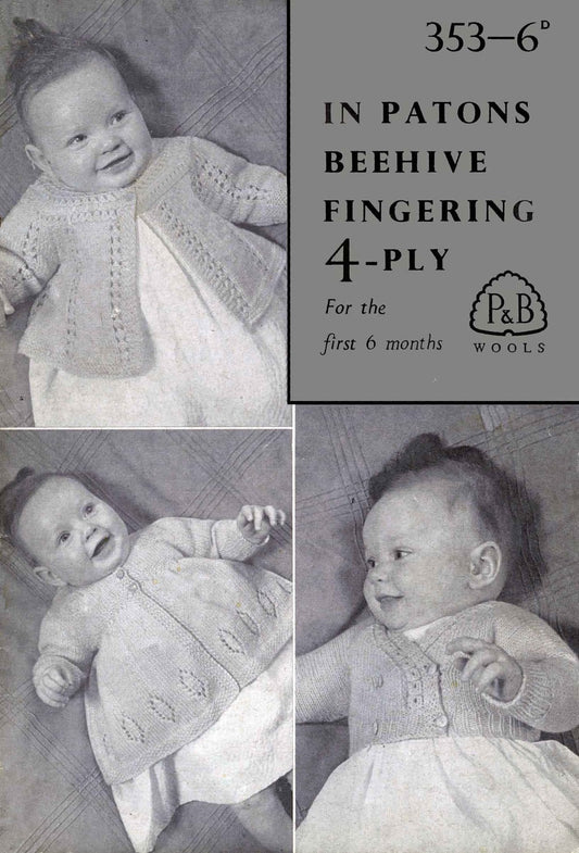 Baby Cardigan, Matinee Coat, 1-6 months, 4ply, 50s Knitting Pattern, P&B 353